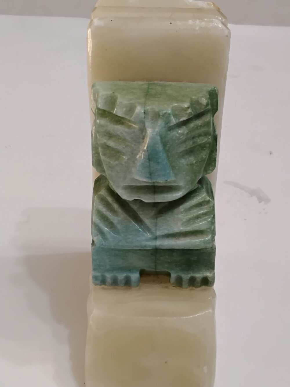 Vintage Mexican Onyx Bookend Carved Aztec Mayan Warrior Green White Art Deco